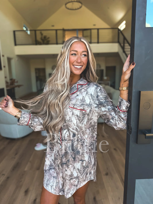 PREORDER Birdie Sleep Dress In Dark Camo With Red Stitching