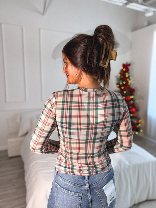 PREORDER Birdie Mesh Long Sleeve Top in Plaid Tidings