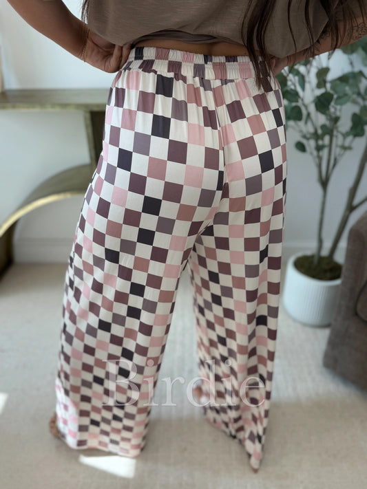 PREORDER Birdie Flowy Wide-Leg Pants in Mulled Berry Checkered