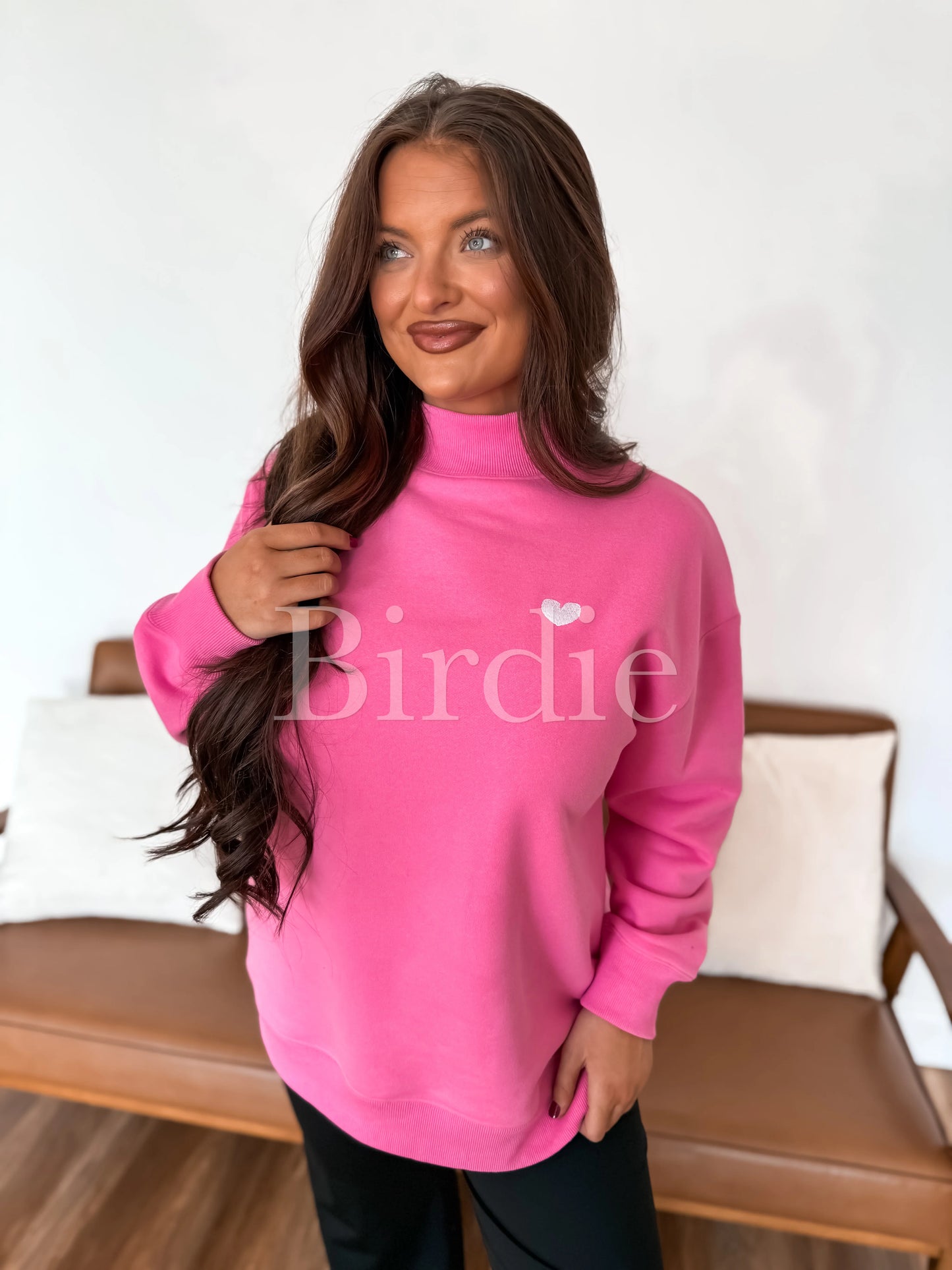 PREORDER Birdie Heart Embroidered Fleece Pullover in Bubblegum Pink