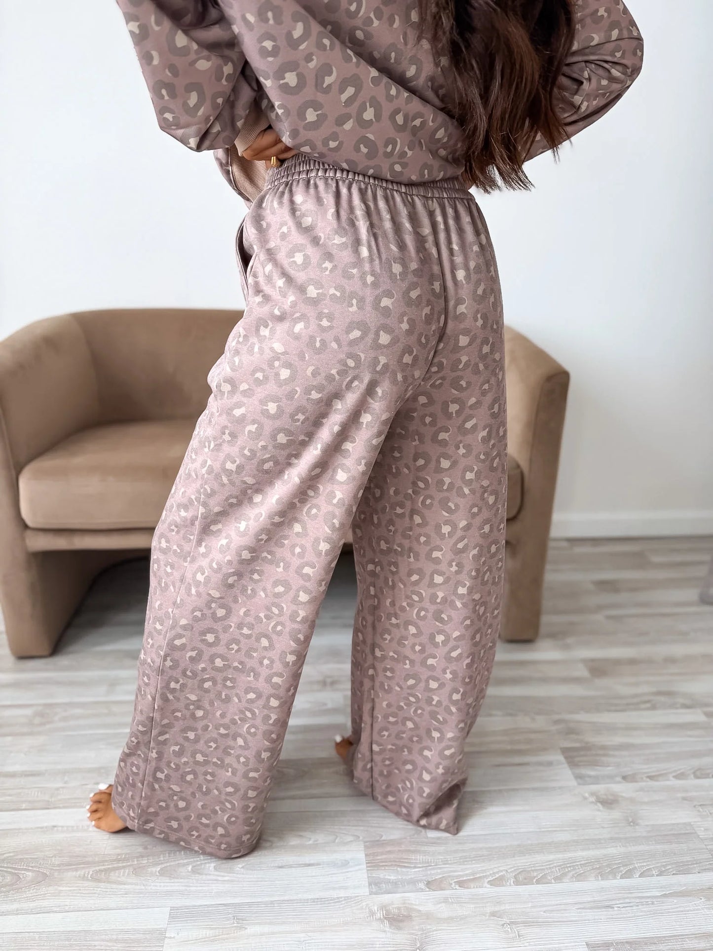 PREORDER Birdie Relaxed Terry Wide Leg Pants in Toasted Toffee Leopard