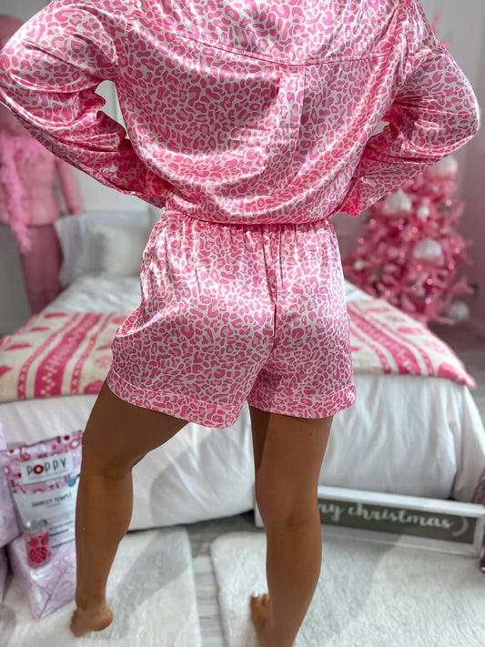 PREORDER Birdie After Dark Satin Set in Pink Party Leopard (Sold as Set)