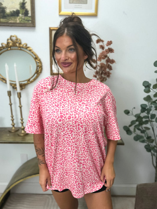 PREORDER Birdie Premium Blend Oversized Tee in Pink Party Leopard