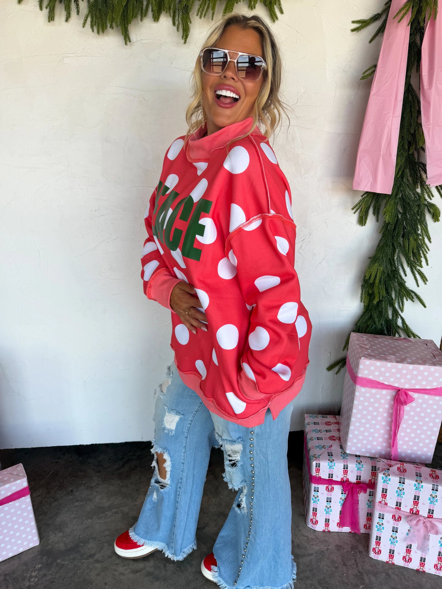 PREORDER Peace & Polka Dot Mock Neck Pullover