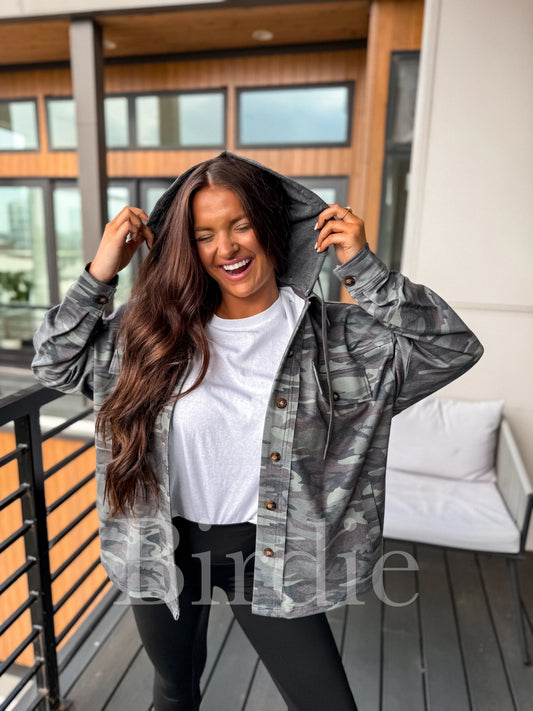 PREORDER Birdie Hooded Shacket in Army Camo