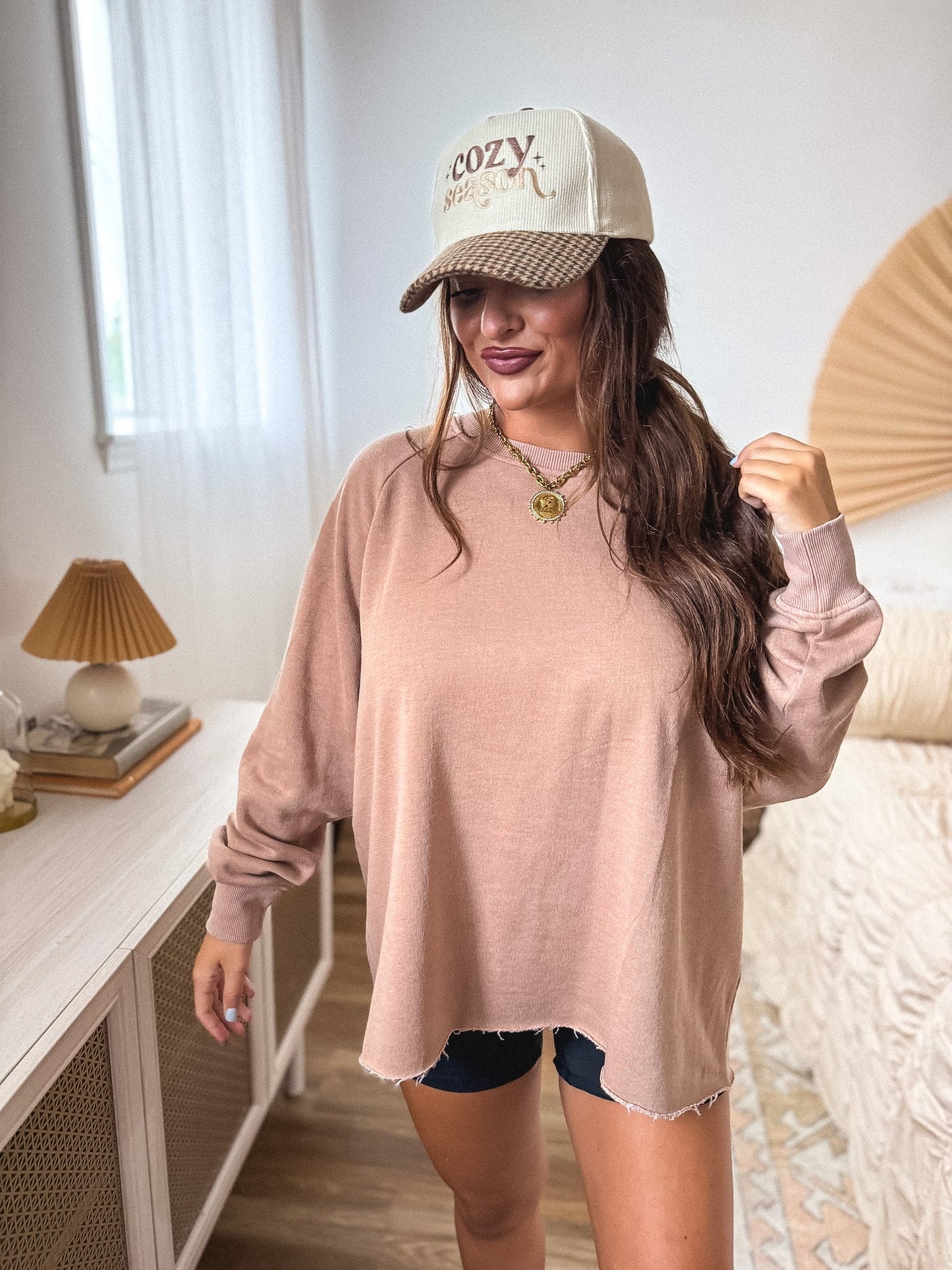 PREORDER Birdie Ash Wash Raw Hem Cozy Pullover in Toasted Almond