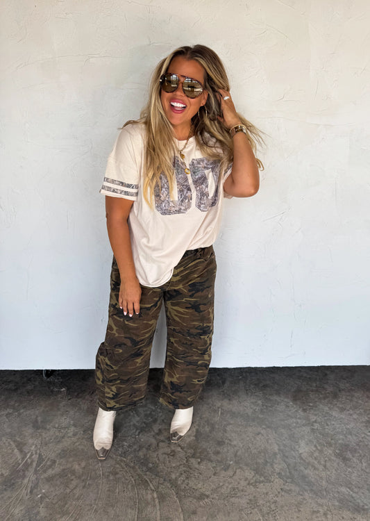 *LIMITED QUANTITIES* PREORDER/ free ship— Bex Camo Barrel Jeans