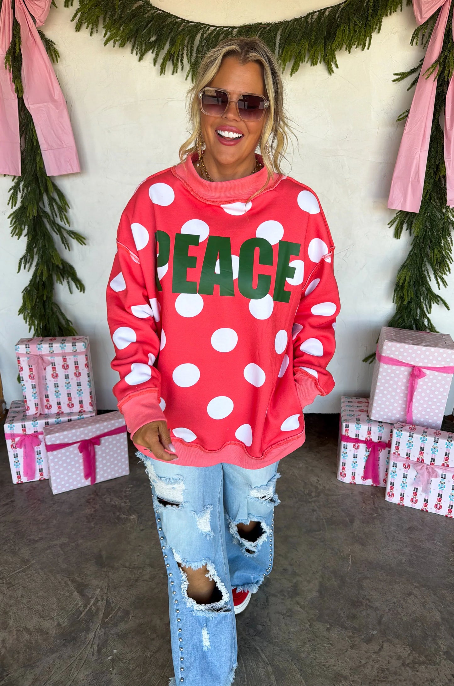 PREORDER Peace & Polka Dot Mock Neck Pullover