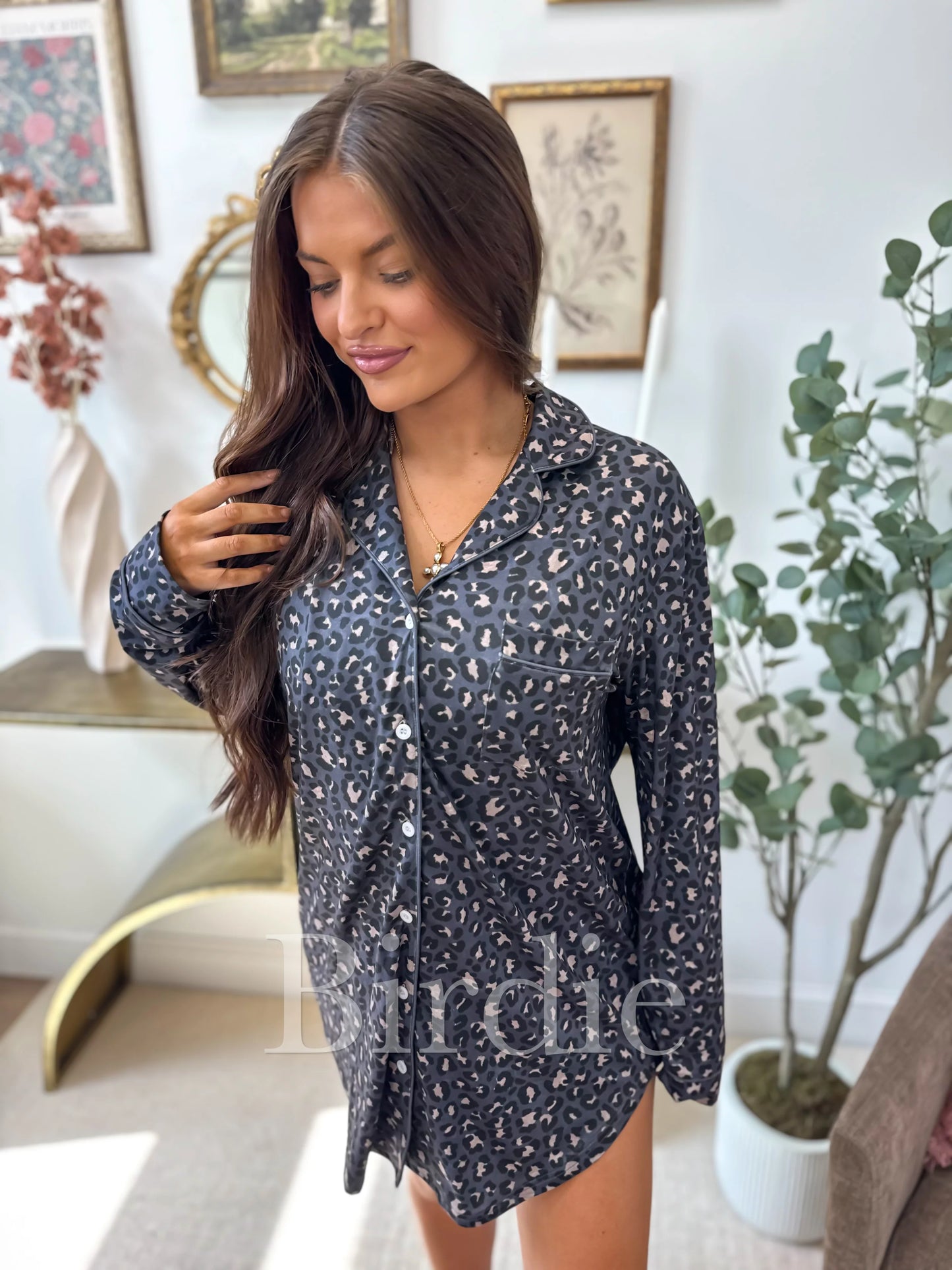 PREORDER Birdie Long Sleeve Sleep Dress in Indigo Wild Leopard