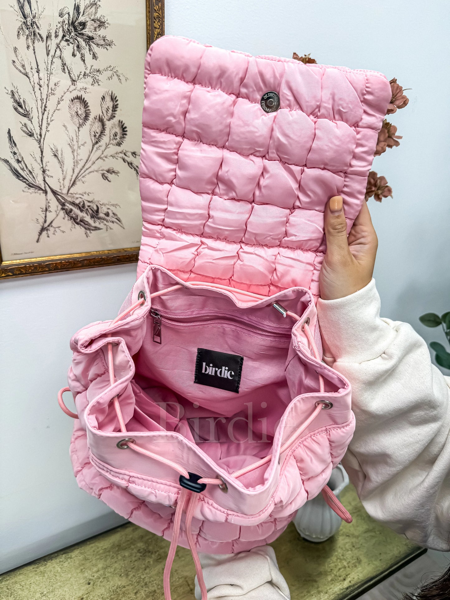 Birdie Quilted Backpack in Pink