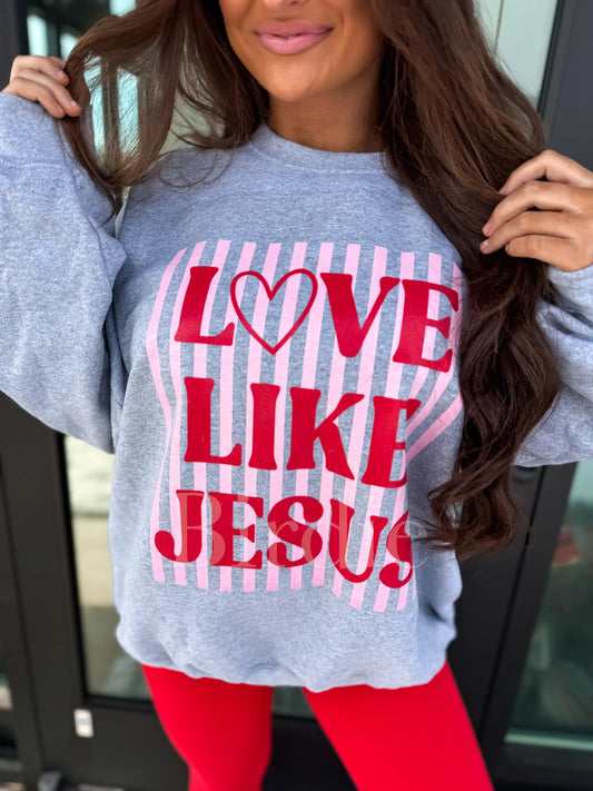 Striped Love Like Jesus Graphic Crewneck on Sport Grey