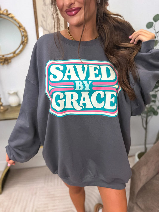 Saved By Grace Graphic Crewneck on Charcoal *final sale*