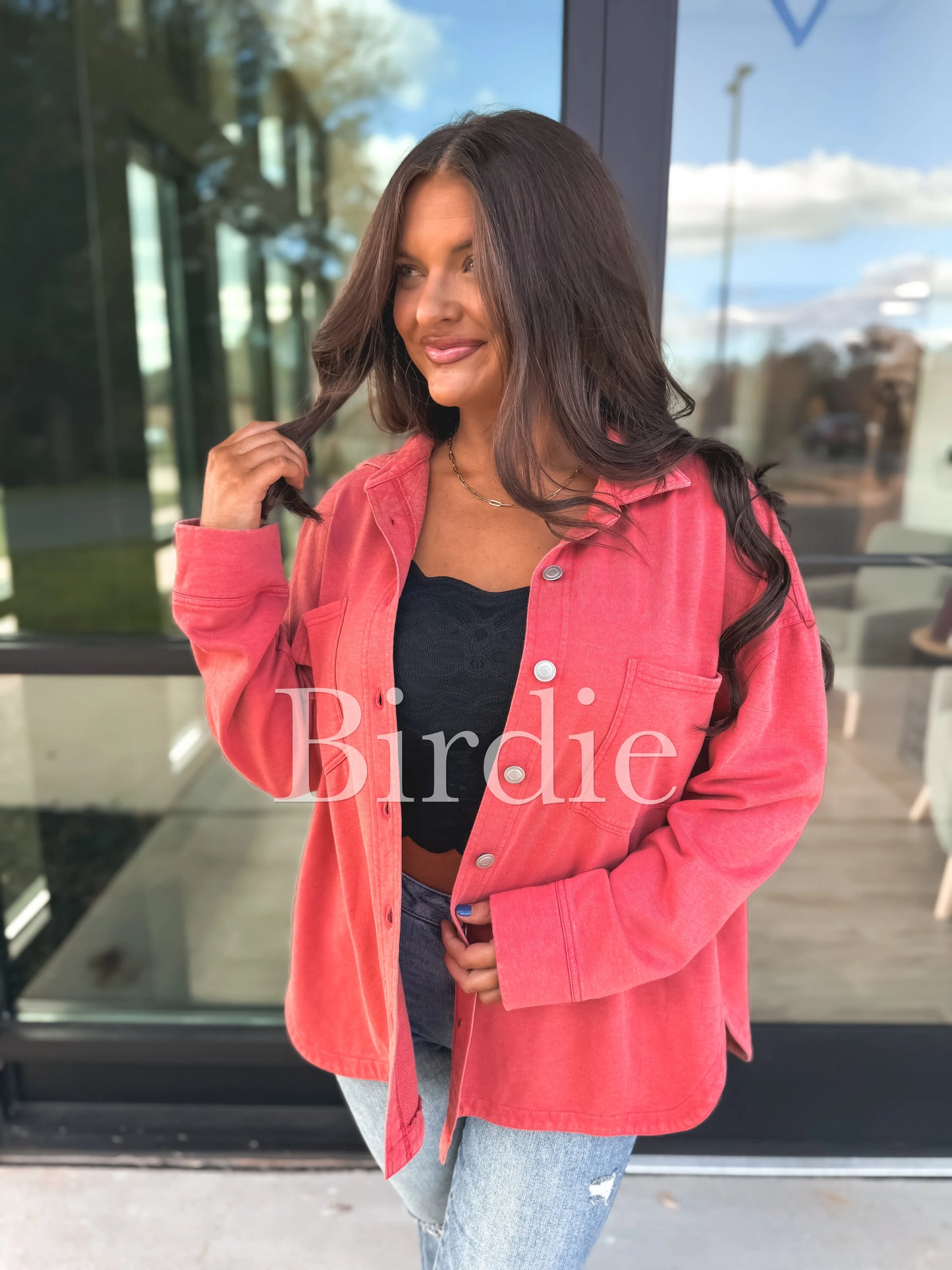 Birdie French Terry Shacket In Coral Red