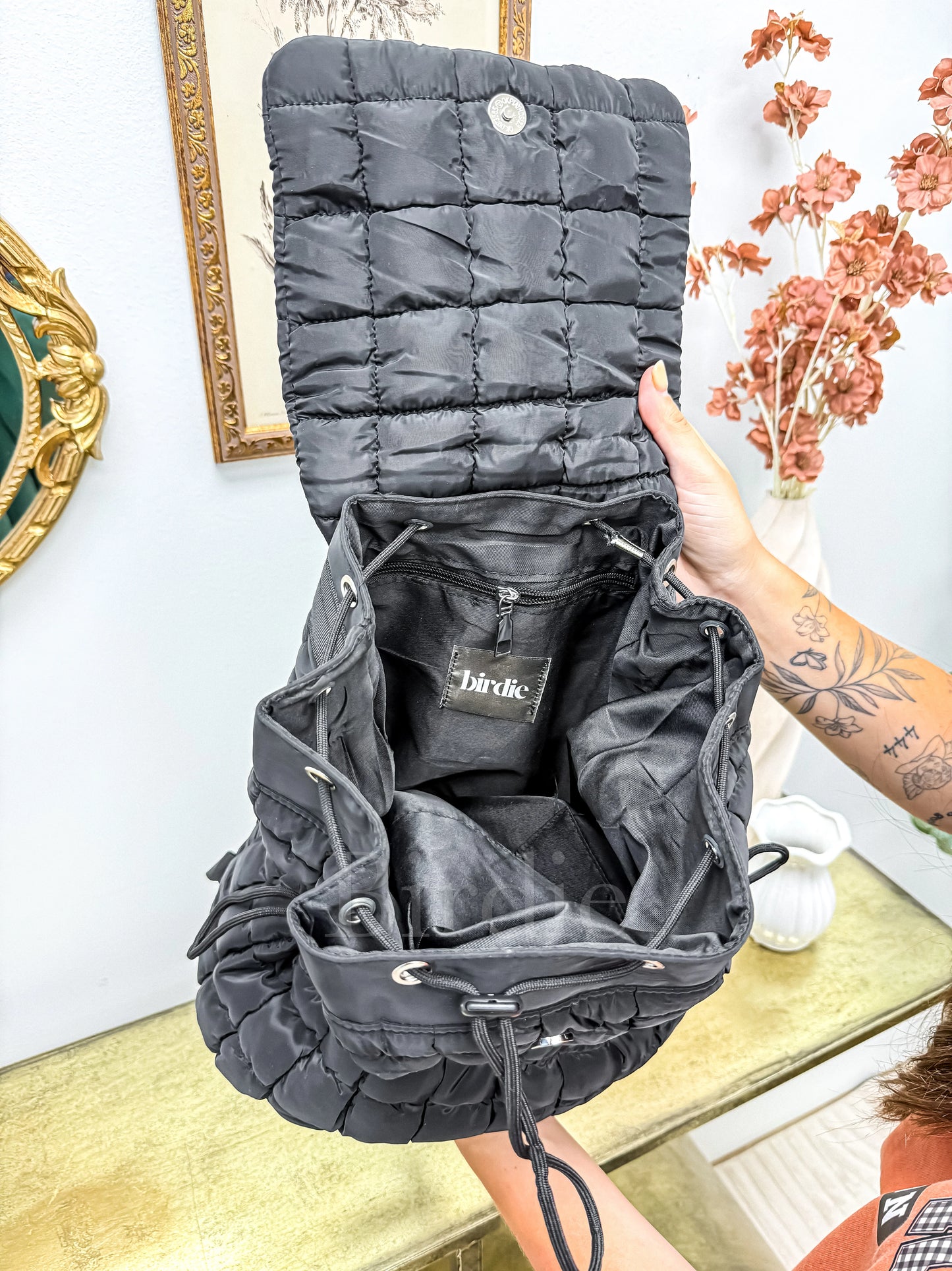 Birdie Quilted Backpack in Black