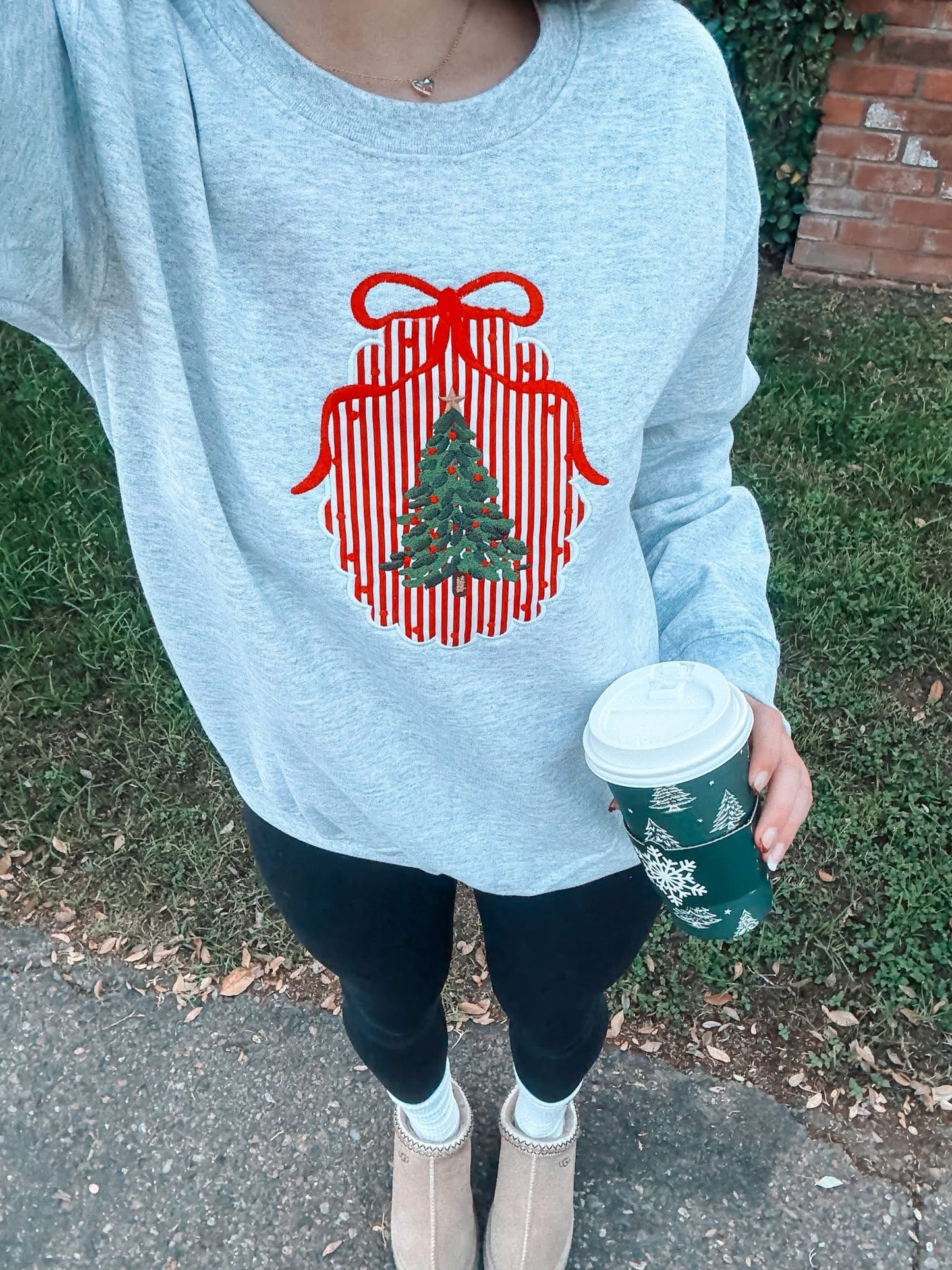 Gingham Christmas Tree Frame Embroidered Crewneck Pullover