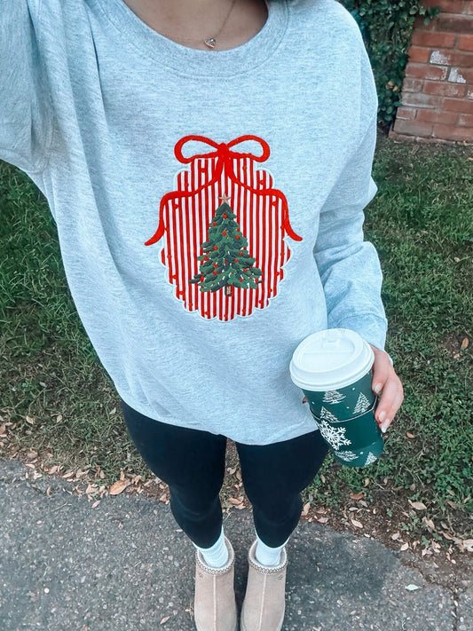 Gingham Christmas Tree Frame Embroidered Crewneck Pullover