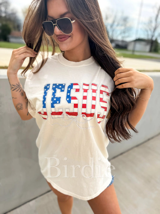 Red, White and Blue JESUS Graphic Tee on Ivory