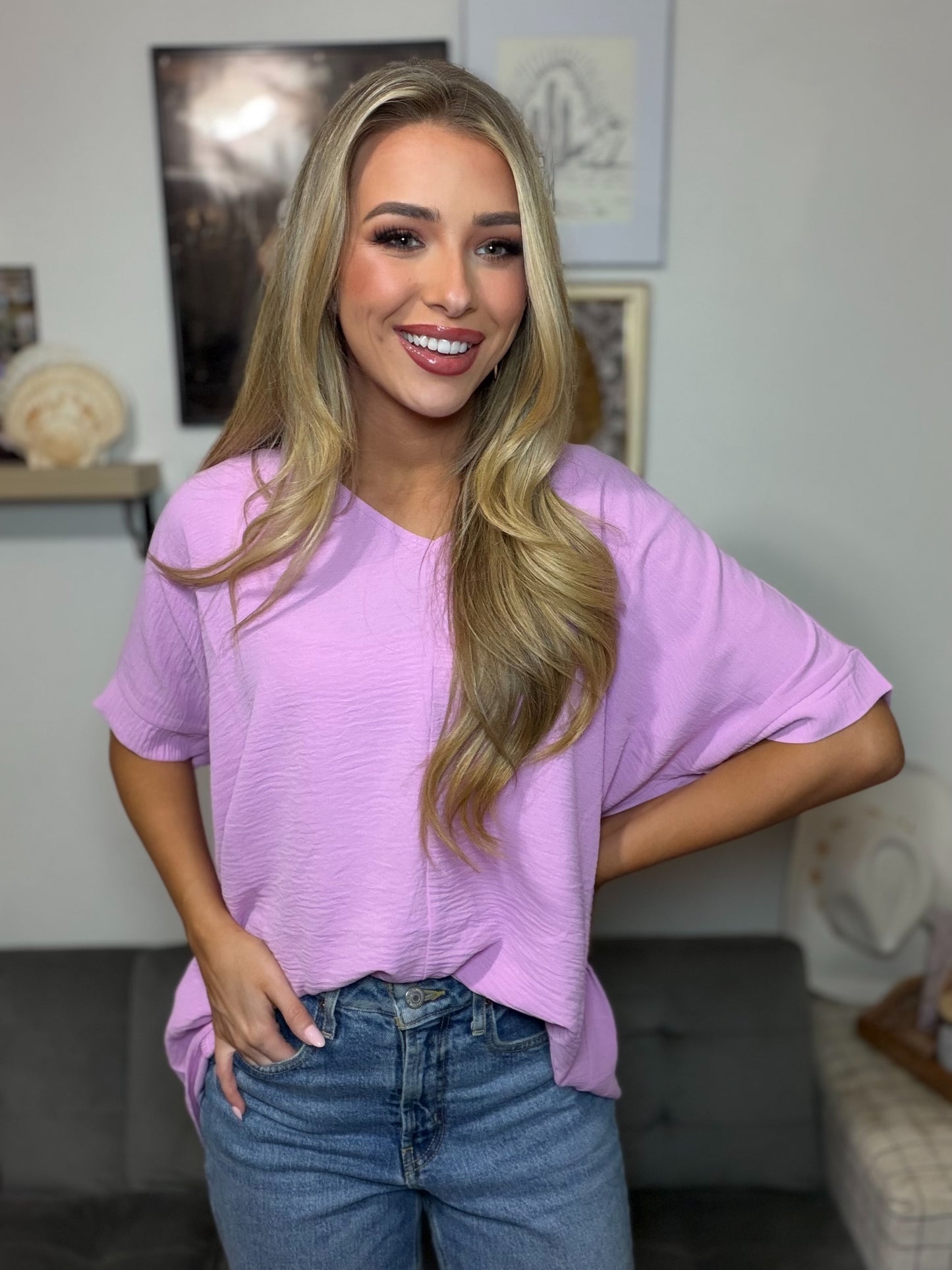 Woven Airflow V-Neck Dolman Top in Mauve