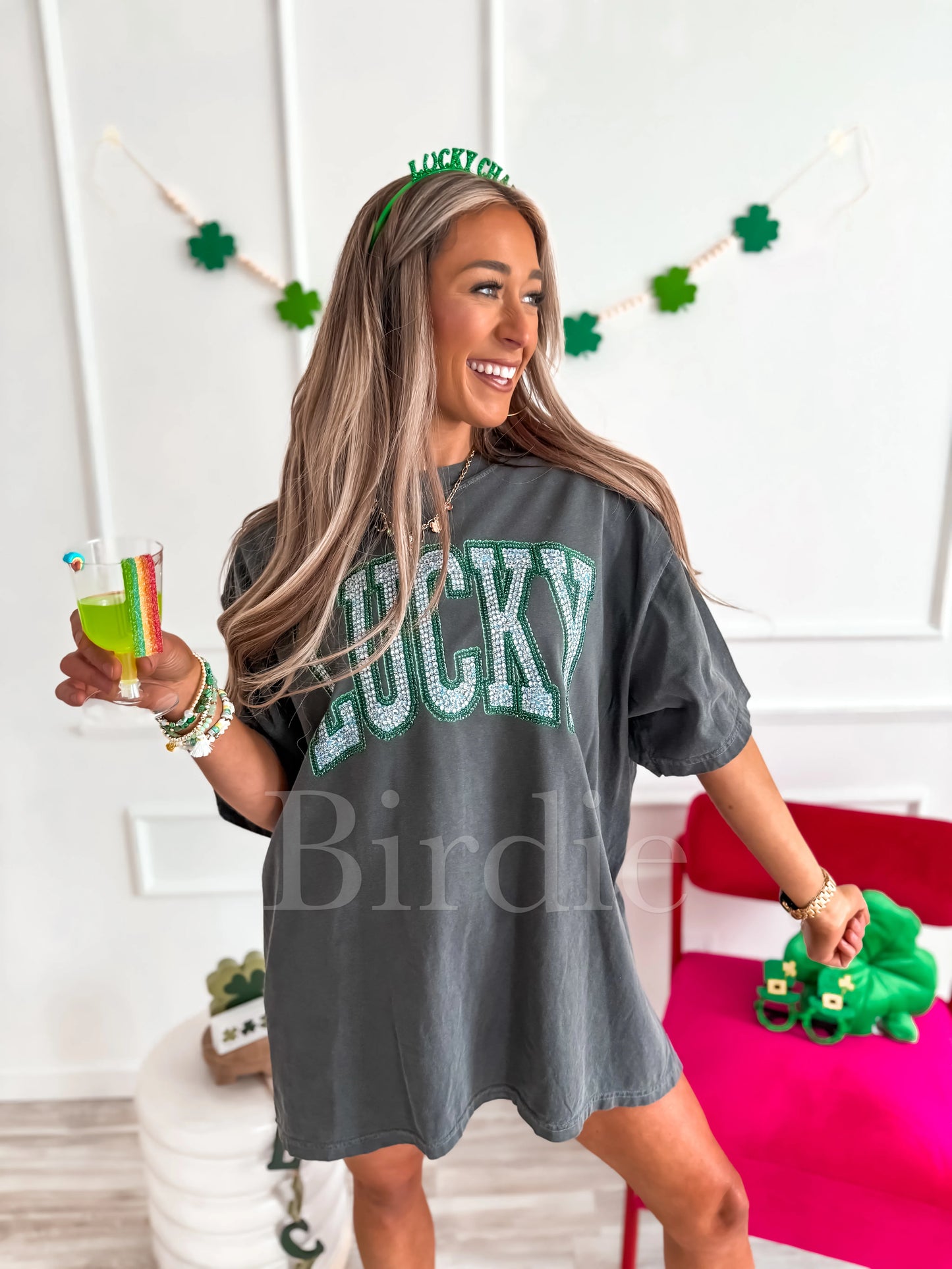 Faux Rhinestone Lucky Glitter Graphic Tee on Pepper
