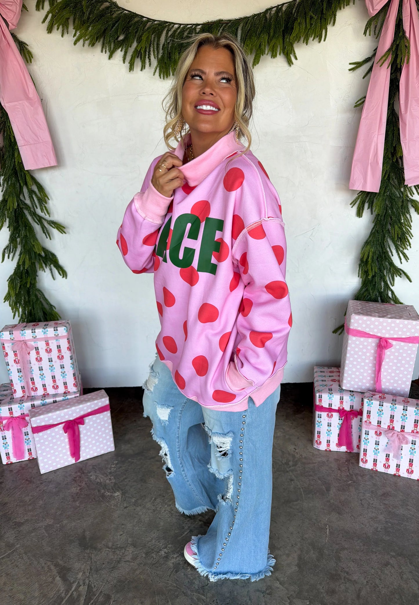PREORDER Peace & Polka Dot Mock Neck Pullover