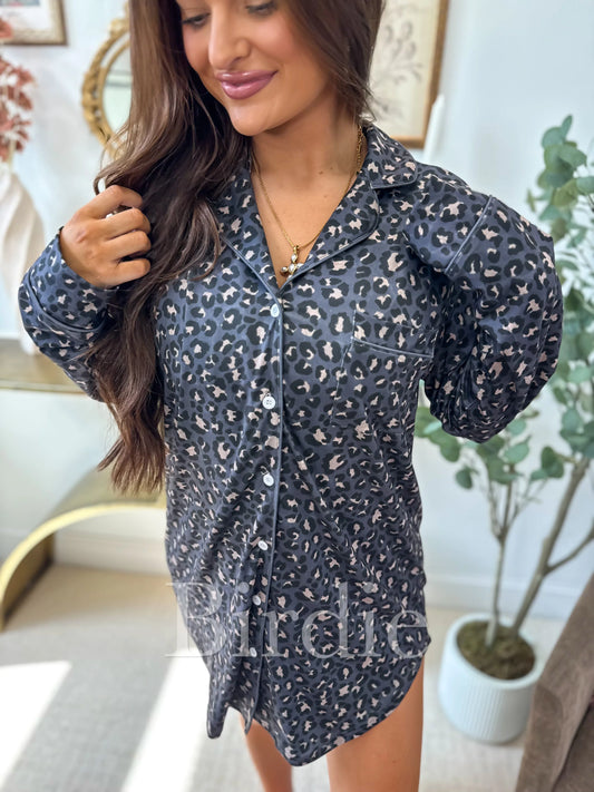 PREORDER Birdie Long Sleeve Sleep Dress in Indigo Wild Leopard