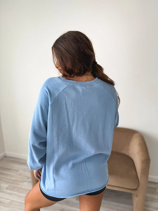 PREORDER Birdie Ash Wash Raw Hem Cozy Pullover in Ice Blue