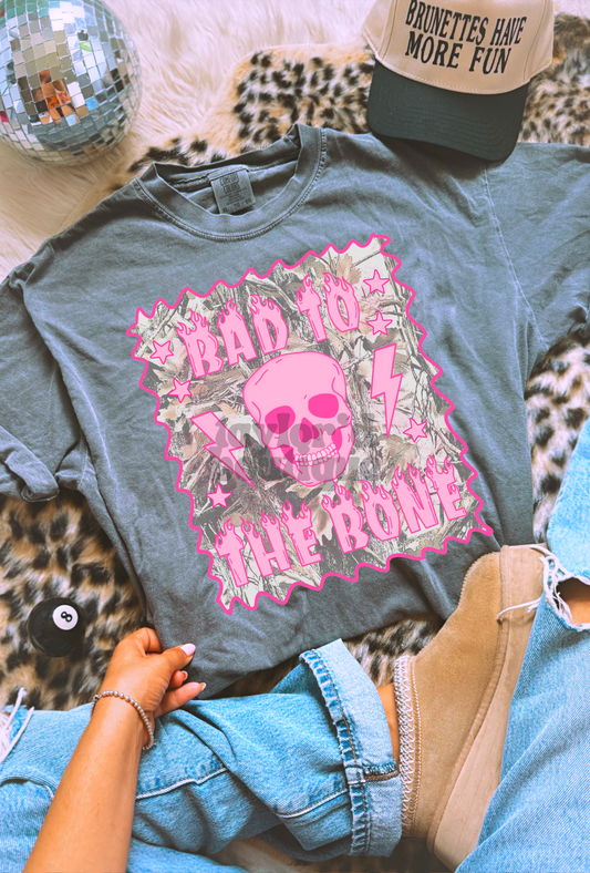 🩷🦴 Bad to the Bone/ Camo Background Tee/ Crew