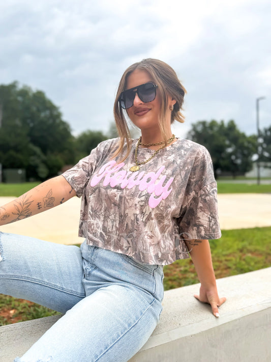 PRE-ORDER LIMITED Birdie Dark Camo Pink Howdy Cropped Graphic Tee