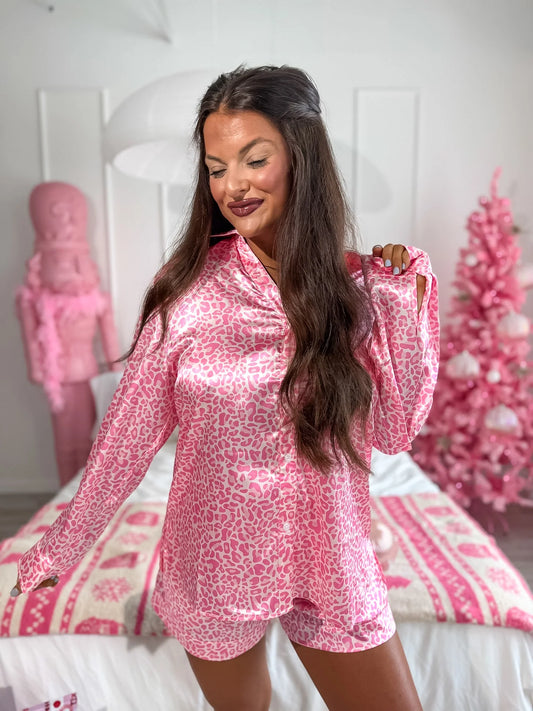 PREORDER Birdie After Dark Satin Set in Pink Party Leopard (Sold as Set)