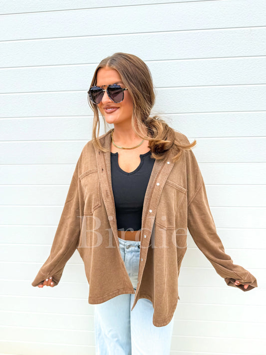 PRE-ORDER Birdie French Terry Shacket In Tan
