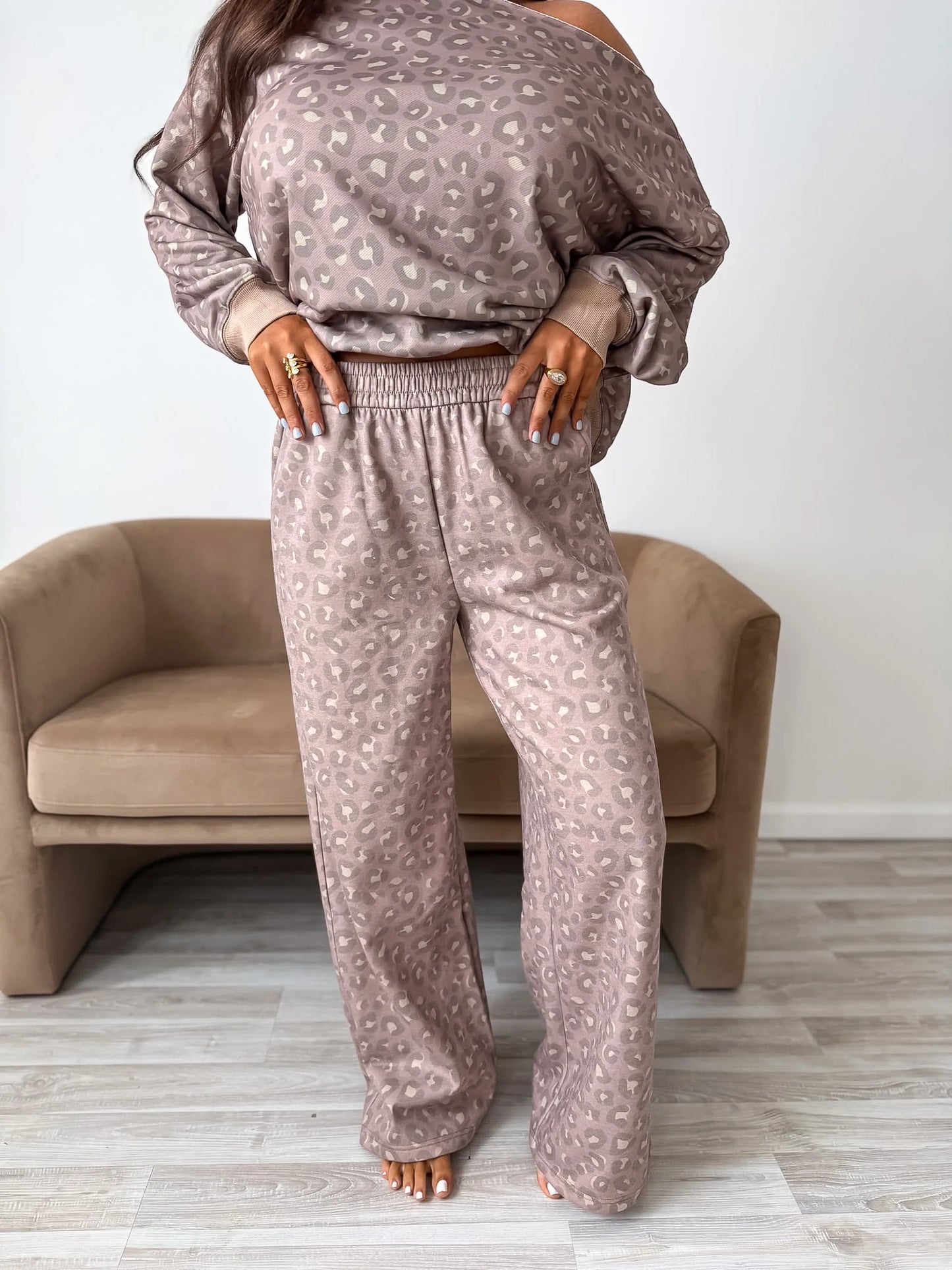 PREORDER Birdie Relaxed Terry Wide Leg Pants in Toasted Toffee Leopard