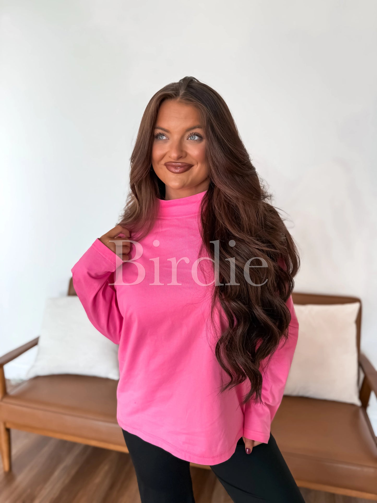 PREORDER Birdie Long Sleeve Mock Neck Top in Pink