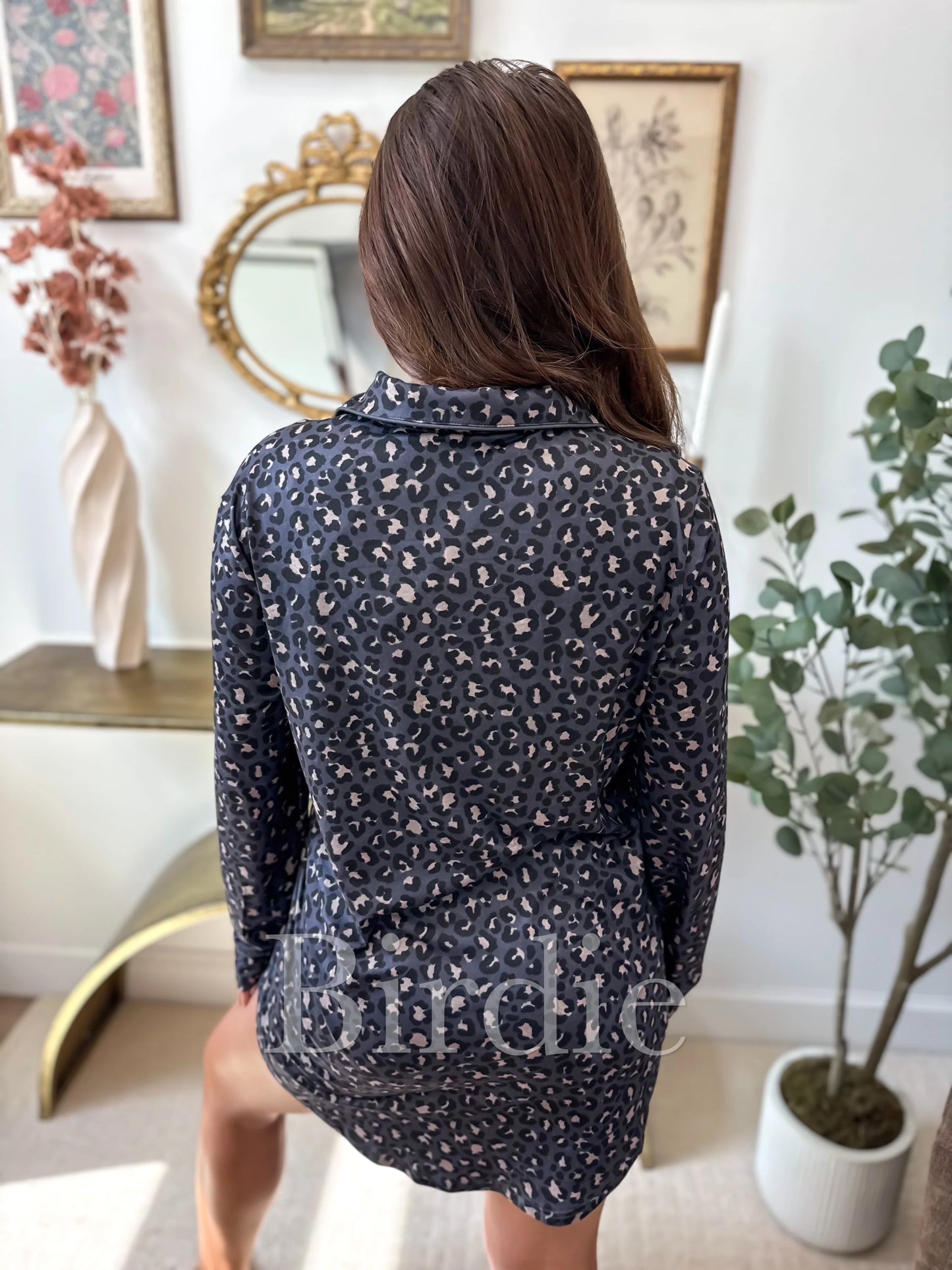 PREORDER Birdie Long Sleeve Sleep Dress in Indigo Wild Leopard