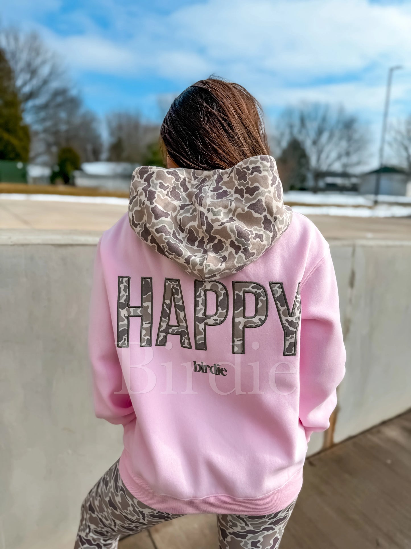 Birdie HAPPY Hoodie in Blush Pink and Duck Camo