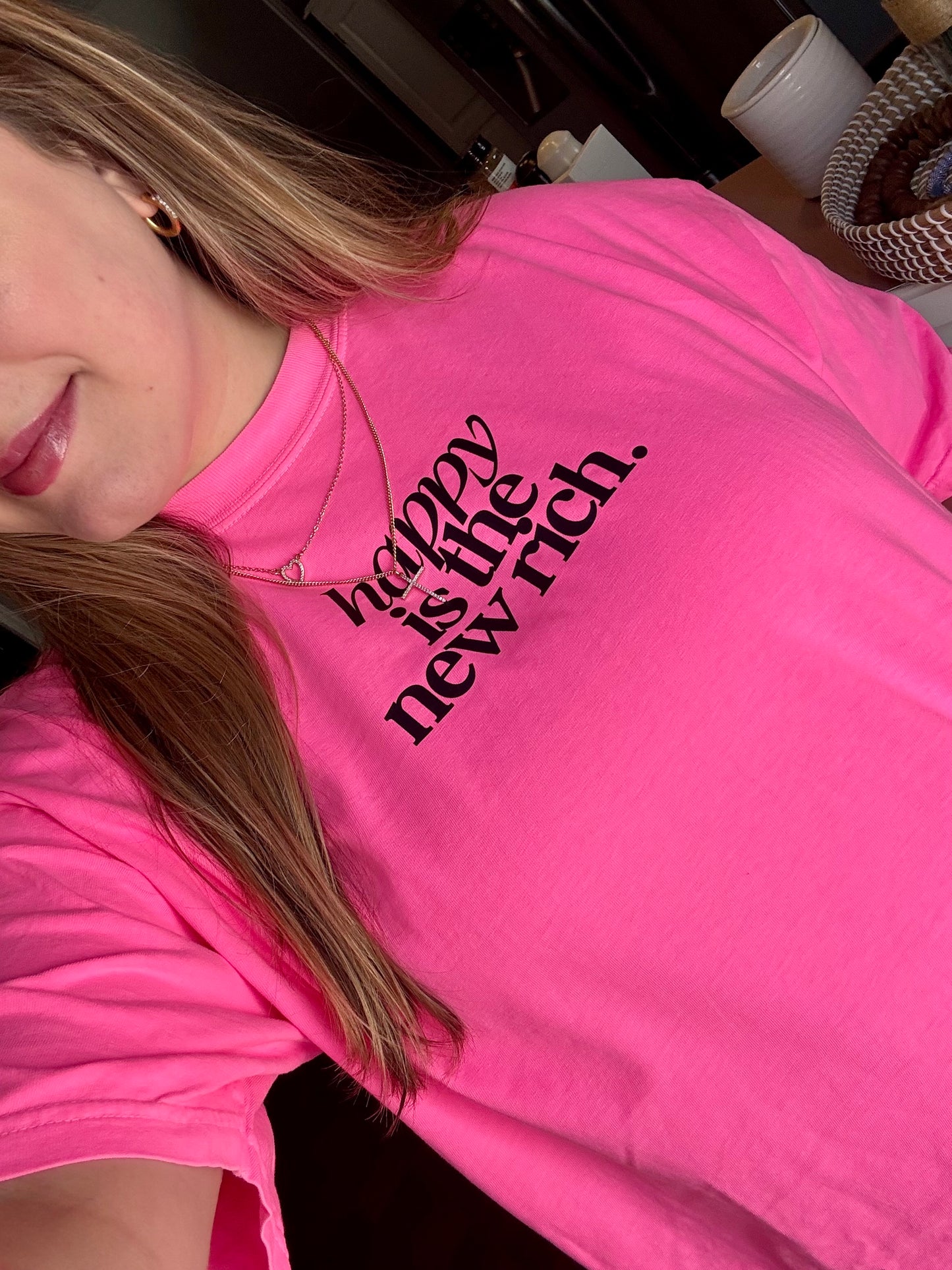 Happy Is The New Rich Graphic Tee on Neon Pink