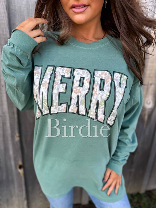 PREORDER *ships free* Merry Camo Long Sleeve Comfort Colors Tee On Light Green