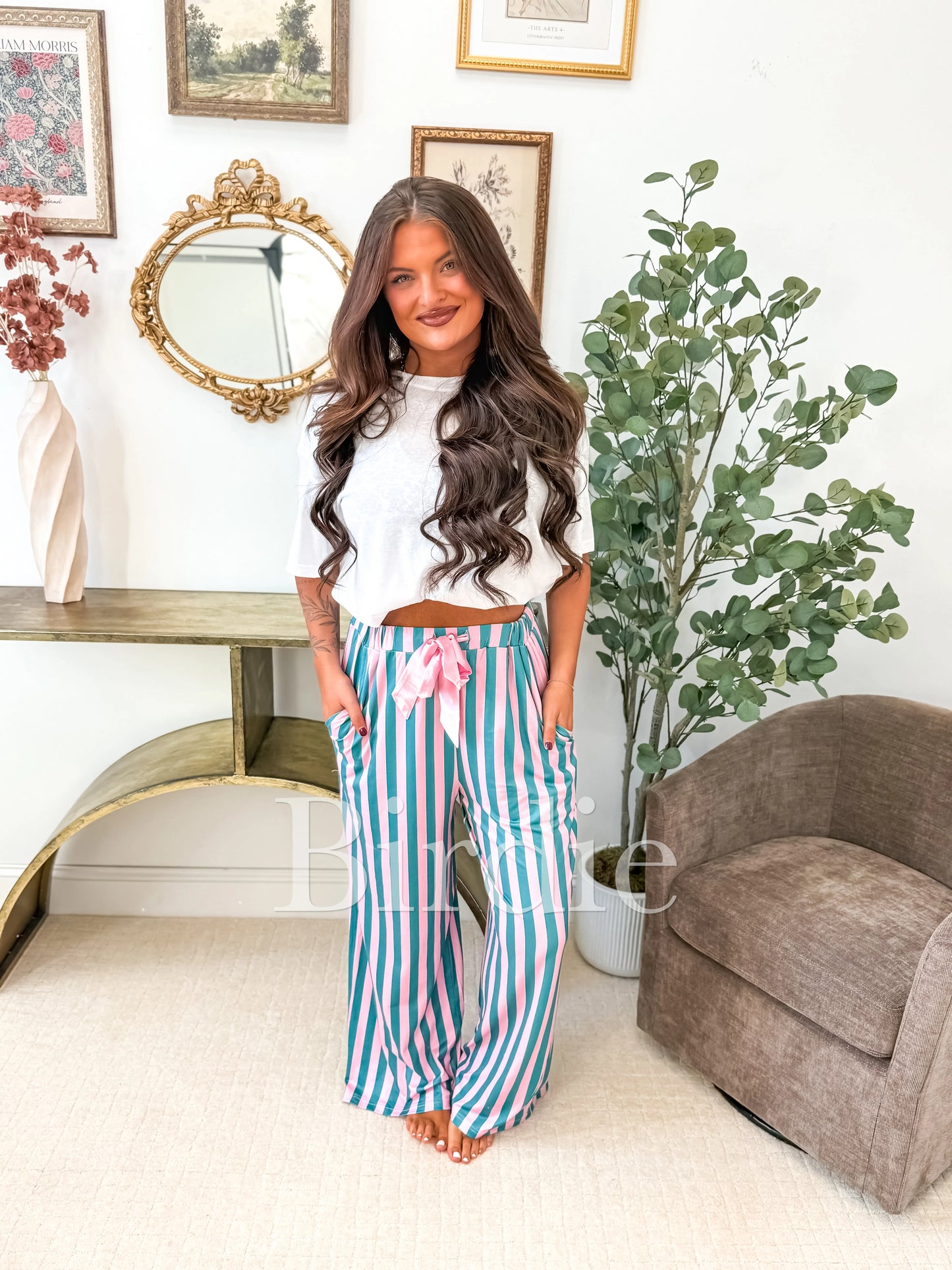 PREORDER Birdie Stretchy Lounge Pants in Green and Pink Stripe