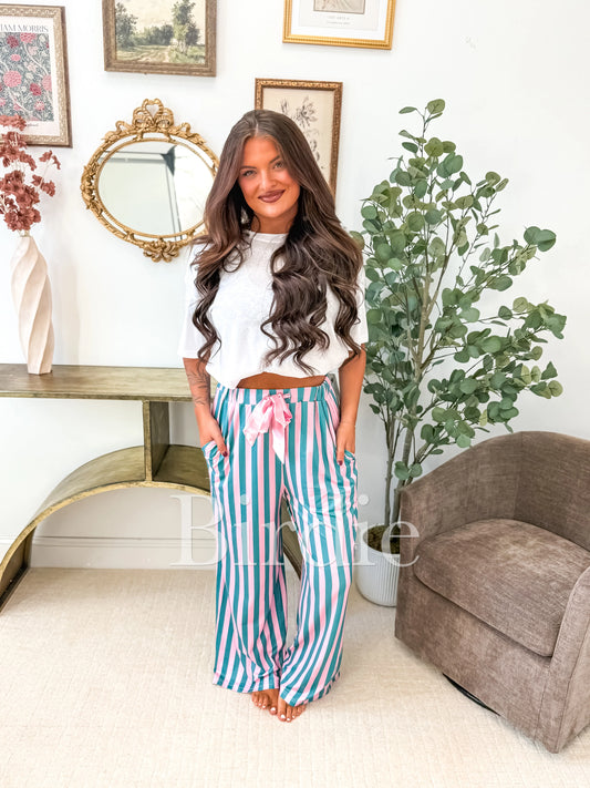 PREORDER Birdie Stretchy Lounge Pants in Green and Pink Stripe