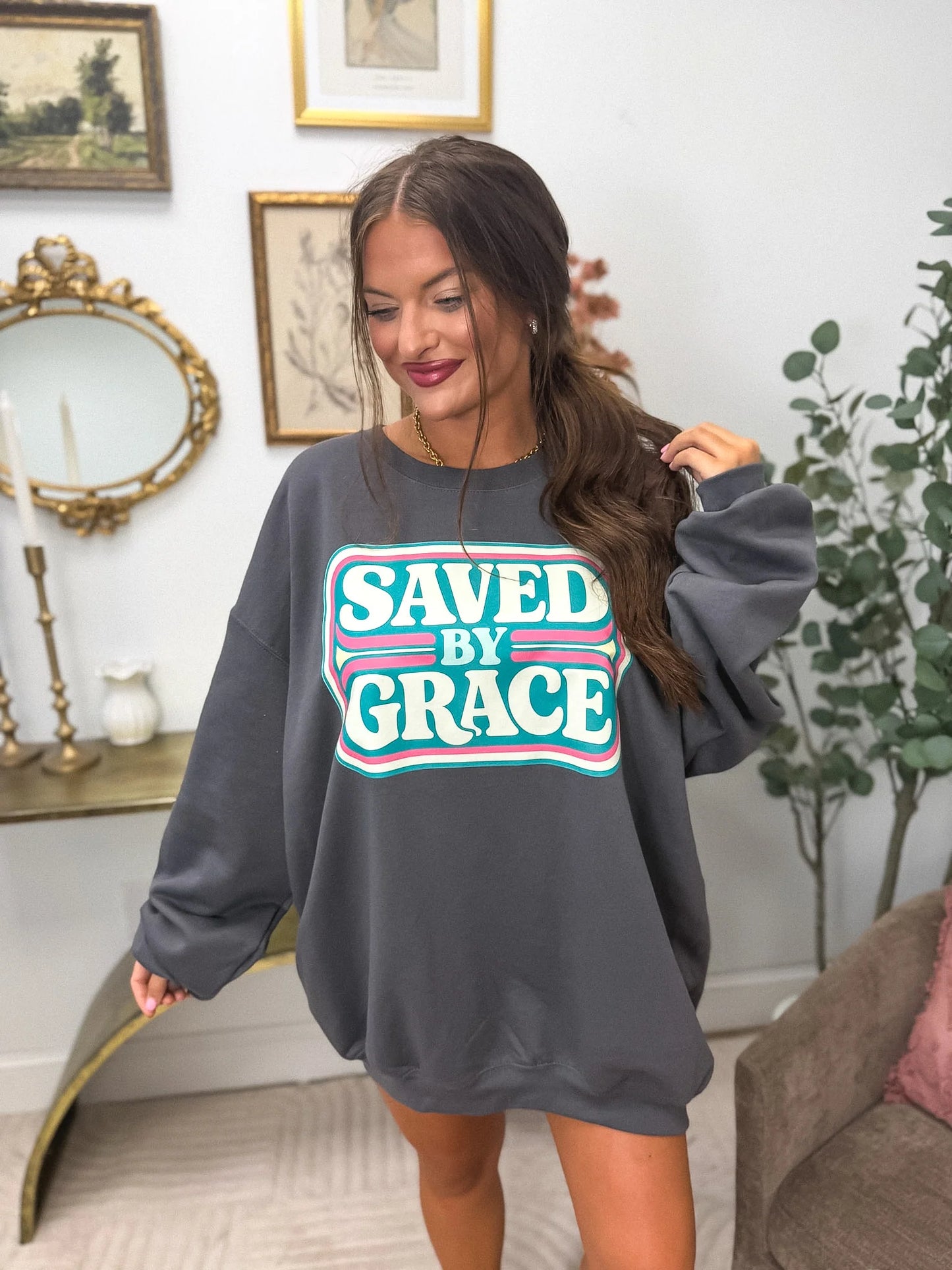 Saved By Grace Graphic Crewneck on Charcoal *final sale*