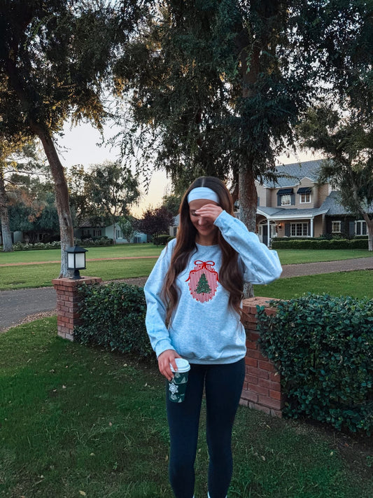 Gingham Christmas Tree Frame Embroidered Crewneck Pullover
