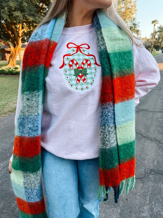 Gingham Candy Cane Frame Embroidered Crewneck Pullover