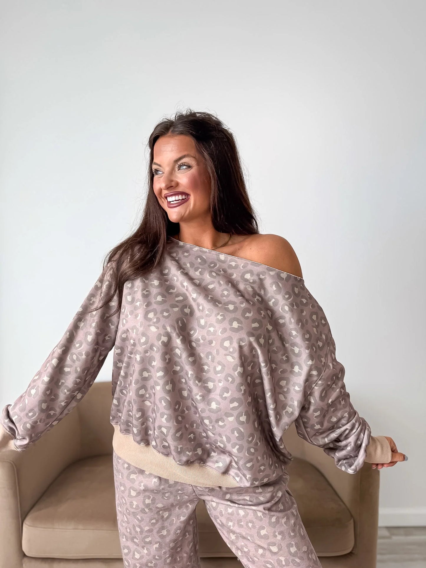 PREORDER Birdie Off Shoulder Slouchy Pullover in Toasted Toffee Leopard