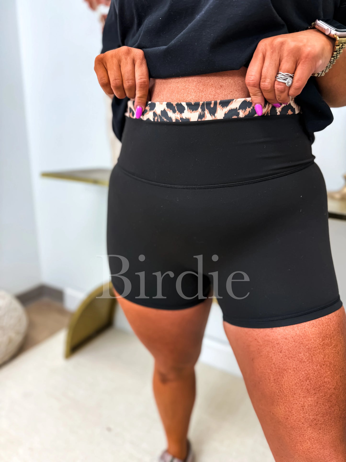 PREORDER Birdie Black Biker Shorts with Leopard