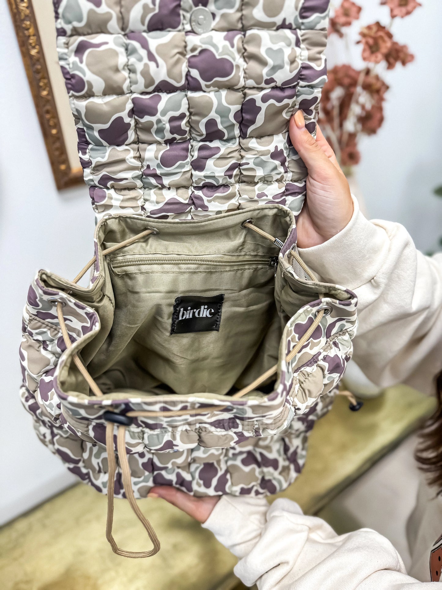 Birdie Quilted Backpack in Duck Camo