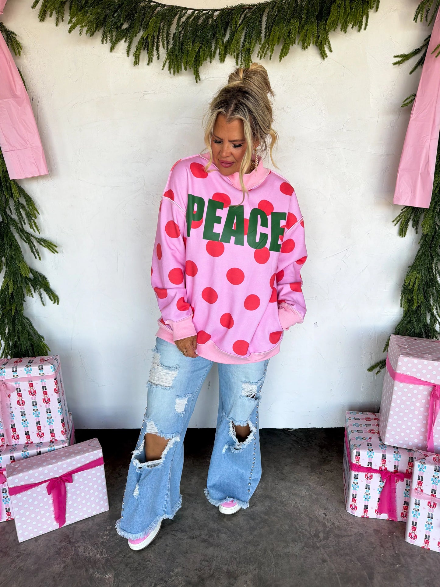PREORDER Peace & Polka Dot Mock Neck Pullover