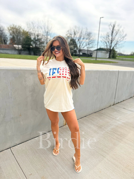 Red, White and Blue JESUS Graphic Tee on Ivory