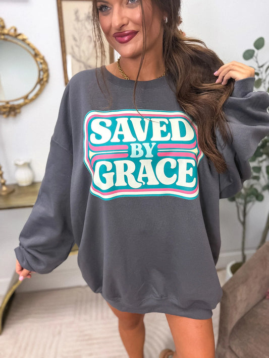 Saved By Grace Graphic Crewneck on Charcoal *final sale*