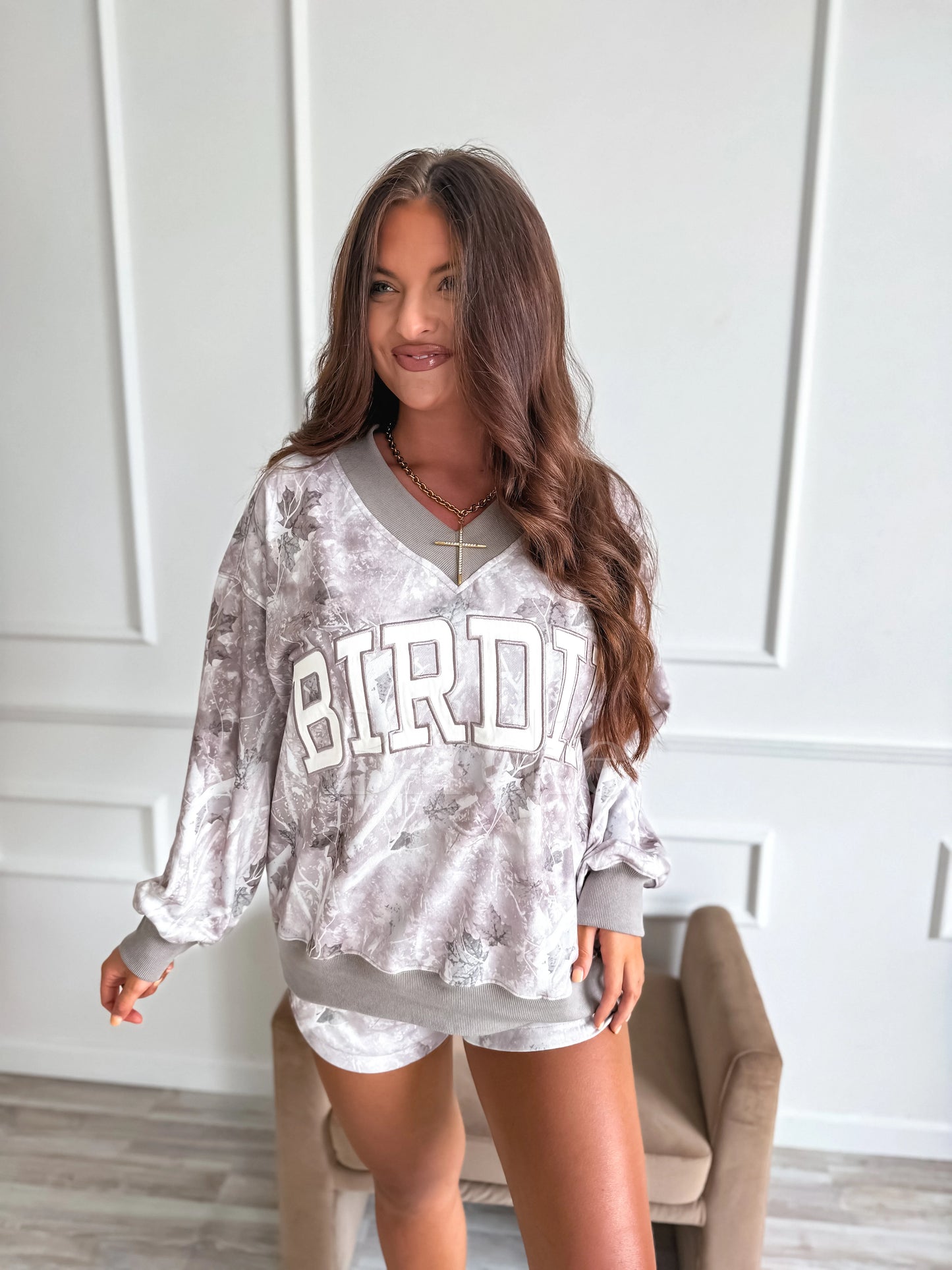 PREORDER Birdie V Neck Oversized Sweatshirt in Ashwood Camo