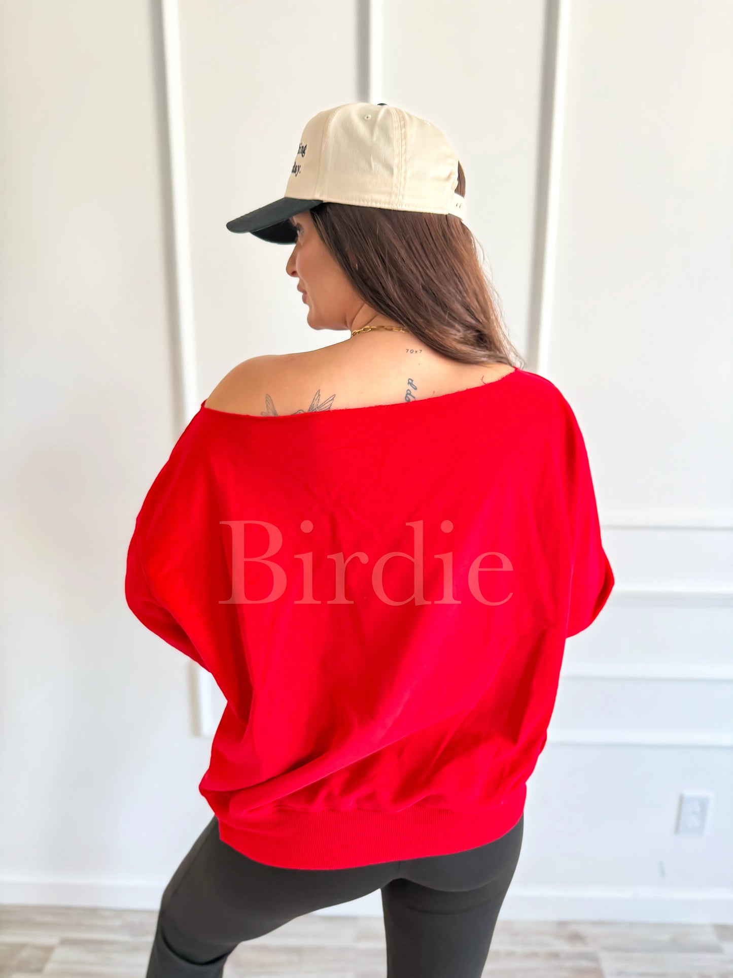 PREORDER Birdie Off Shoulder Slouchy Pullover in Ruby Rush