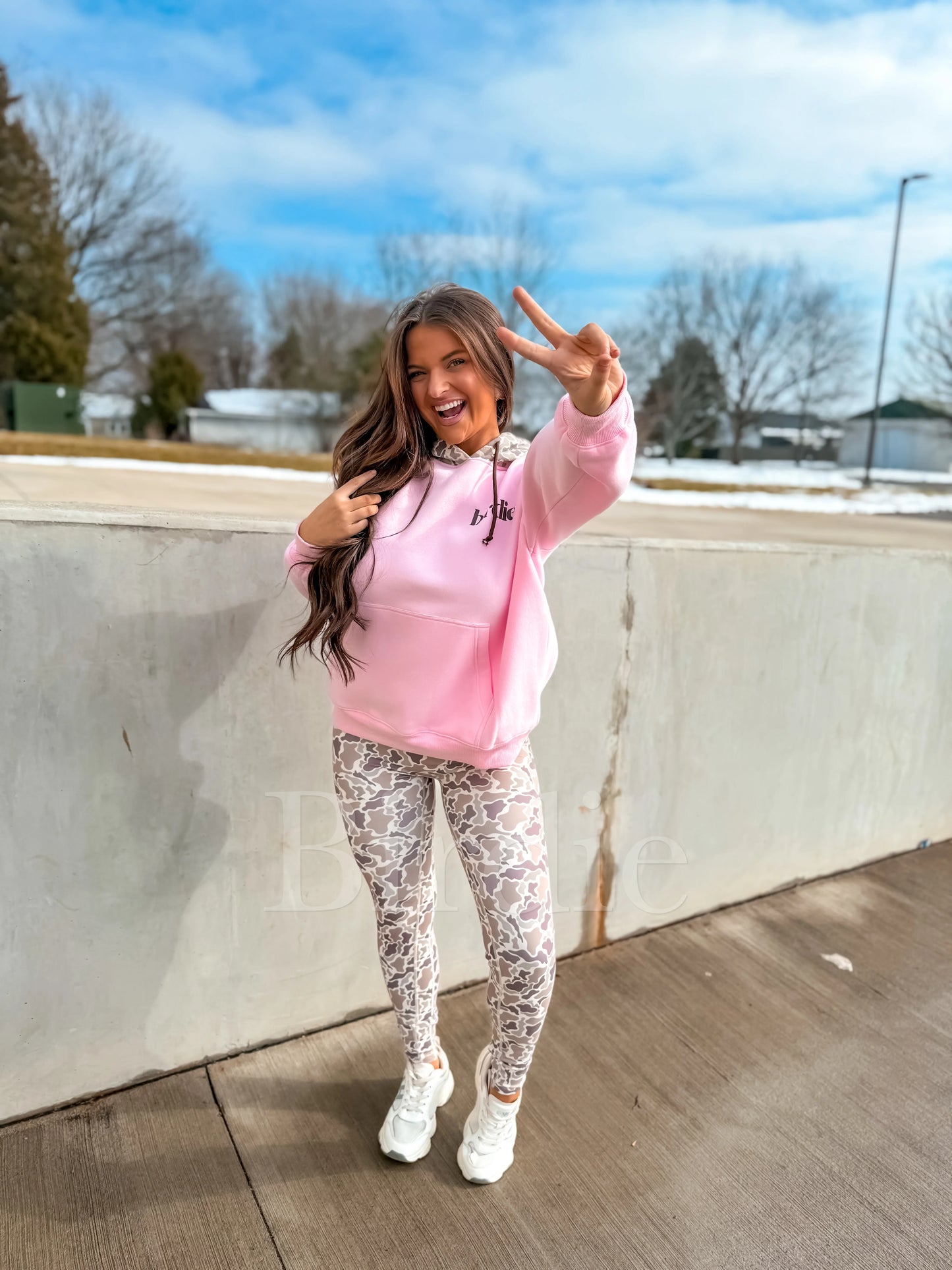 Birdie HAPPY Hoodie in Blush Pink and Duck Camo